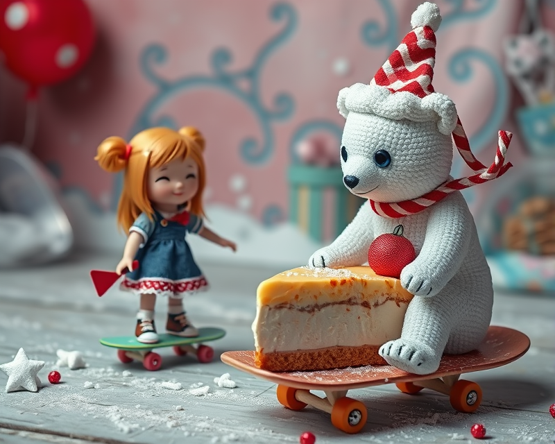 pie, doll, polar bear, skateboard